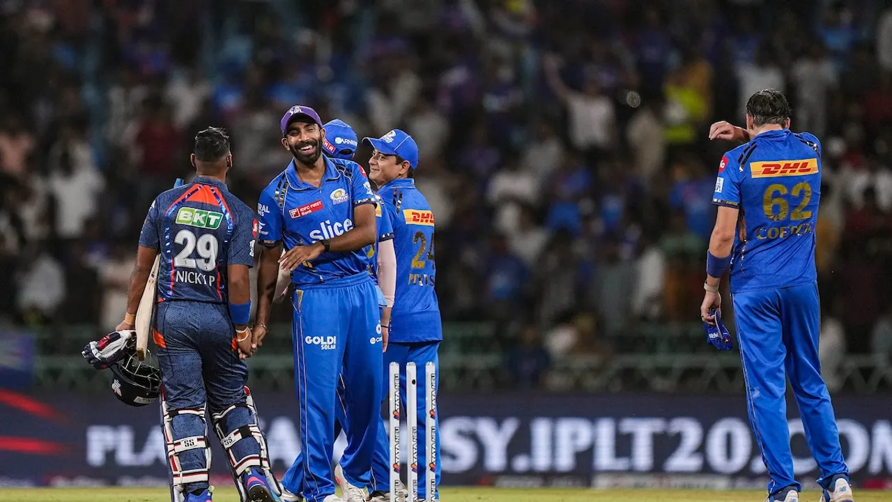 Mumbai Indians player Jasprit Bumrah and Lucknow Super Giants player Nicholas Pooran after Lucknow won the Indian Premier League (IPL) match between Lucknow Super Giants and Mumbai Indians, at the Bharat Ratna Shri Atal Bihari Vajpayee Ekana Cricket Stadium, in Lucknow, Tuesday, April 30, 2024. 