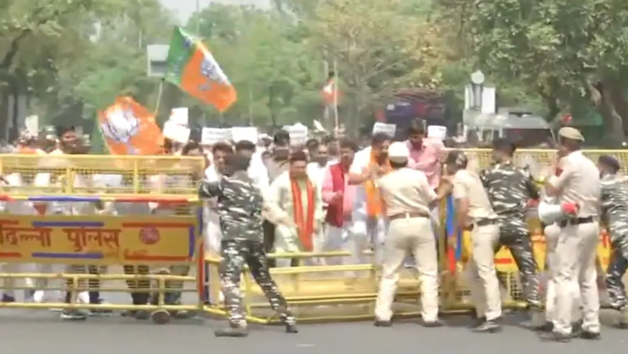 State BJP moves towards the Secretariat during their protest demanding the resignation of Delhi CM Arvind Kejriwal who is in ED custody in the Liquor Excise Policy case.