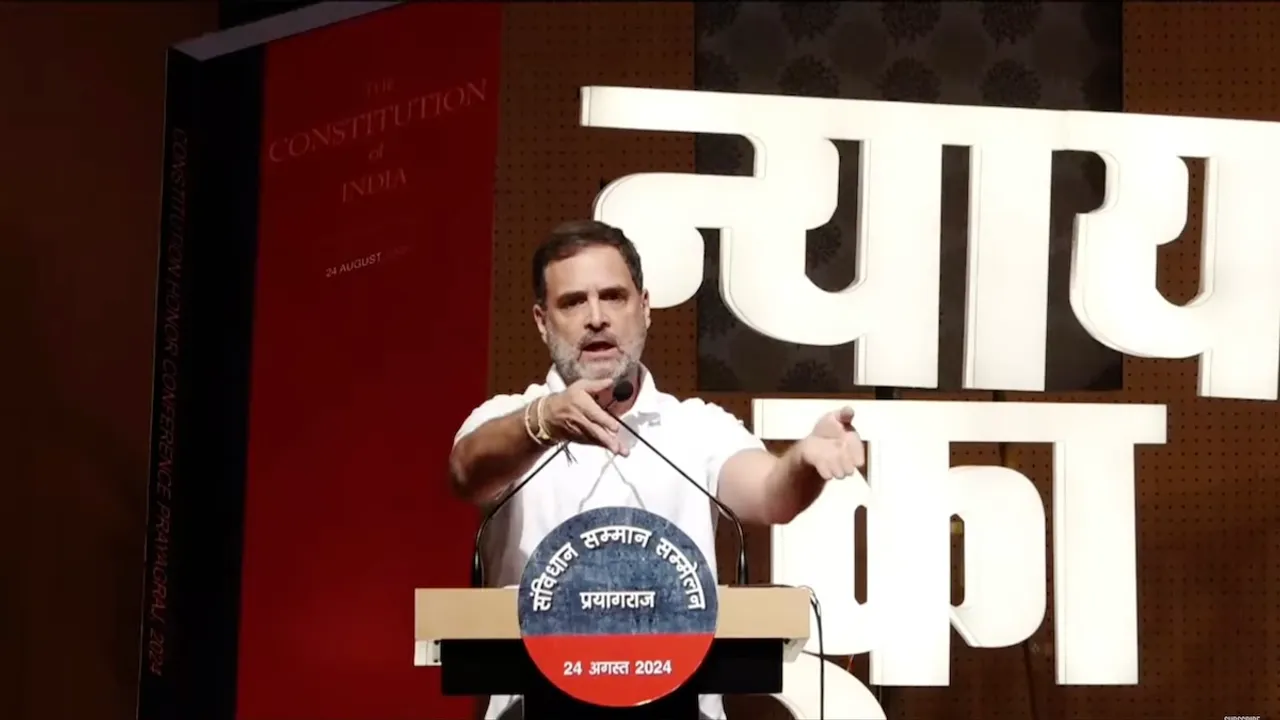 Rahul Gandhi addresses the Samvidhan Samman Sammelan in Prayagraj on August 24, 2024