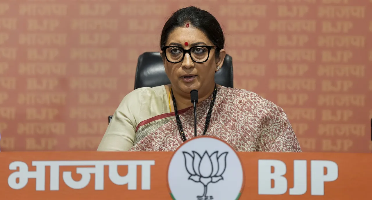 Union Minister Smriti Irani addresses a press conference in New Delhi