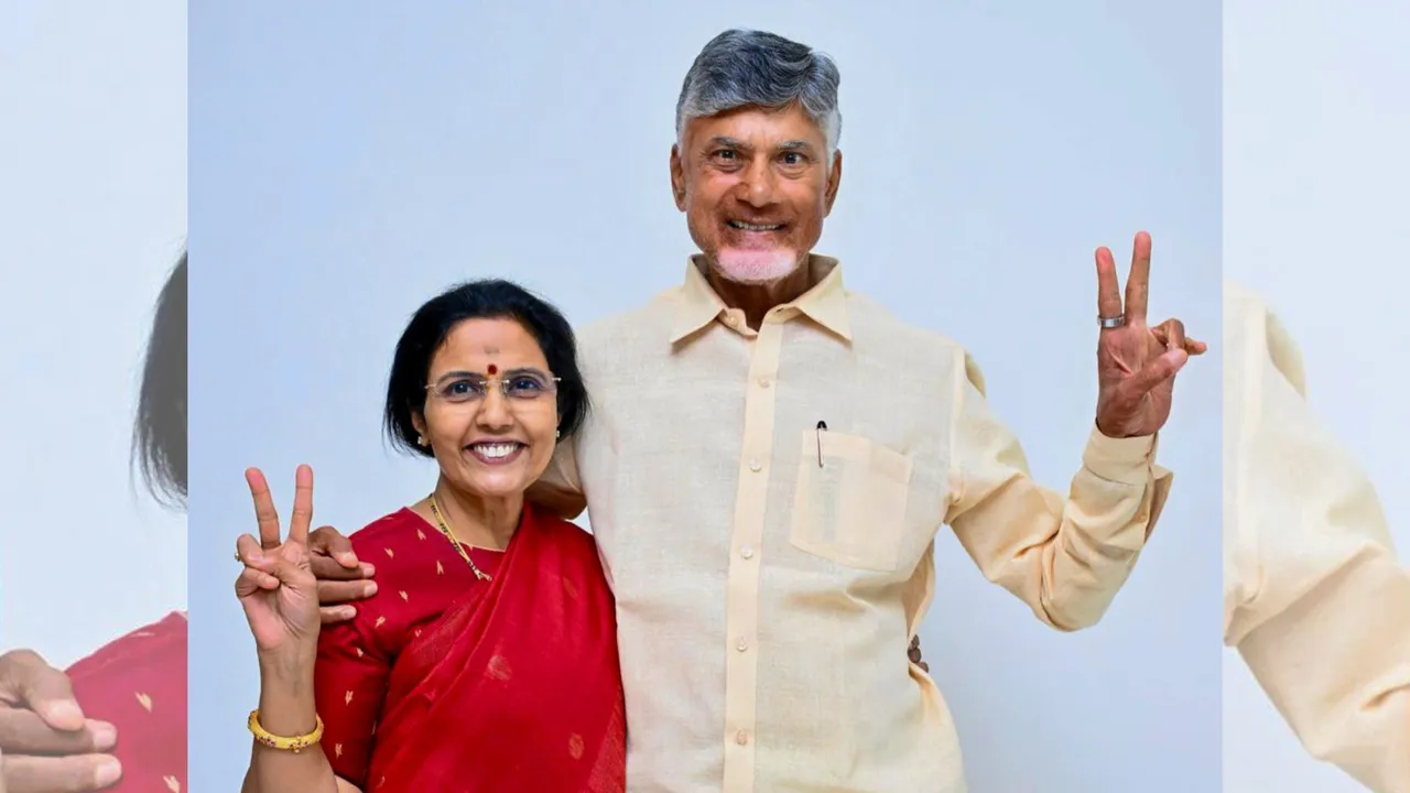 TDP Chief Chandrababu Naidu with wife Nara Bhuvaneshwari celebrates his party's victory in Assembly and Parliamentay polls, at their residence in Undavalli, Amaravati, Tuesday, June 4, 2024