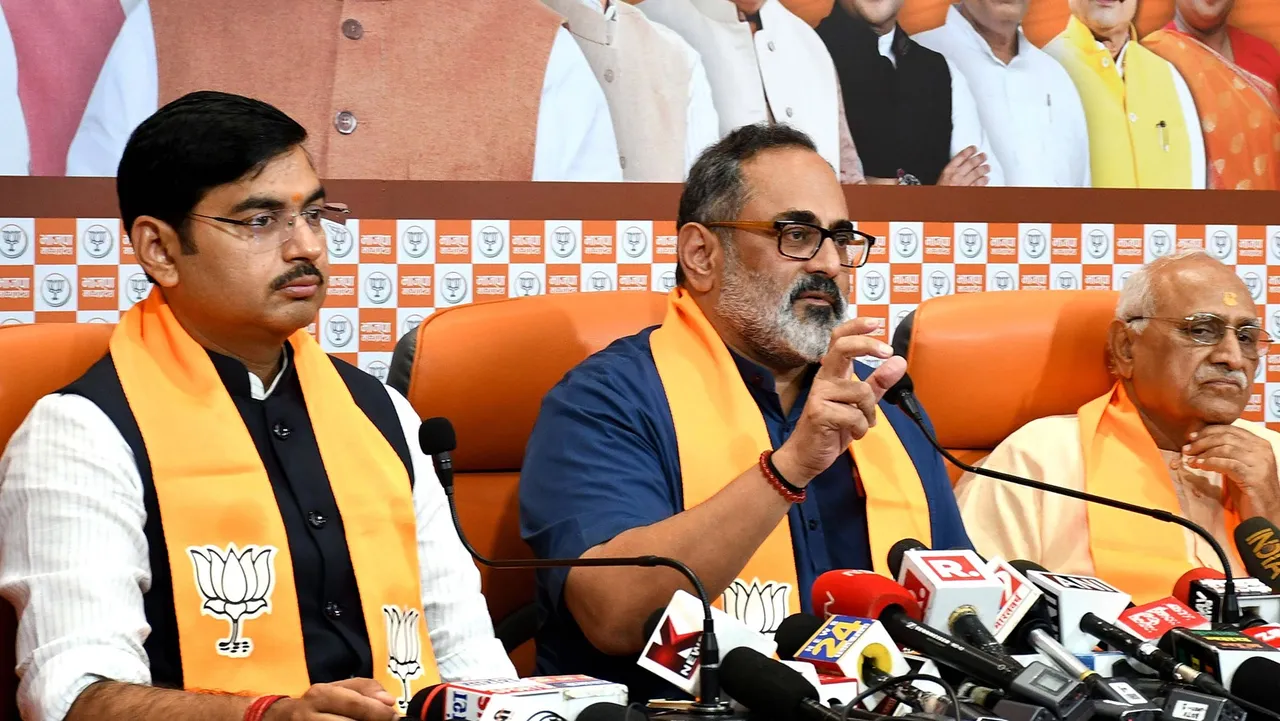 Union Minister and BJP leader Rajeev Chandrasekhar addresses a press conference ahead of the Madhya Pradesh Assembly elections, at BJP media center in Bhopal