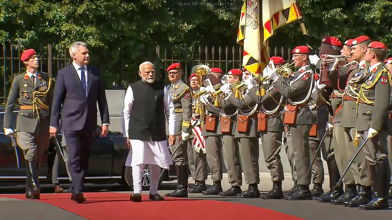 Prime Minister Narendra Modi inspects the ceremonial Guard of Honour, in Vienna, Austria, Wednesday, July 10, 2024.