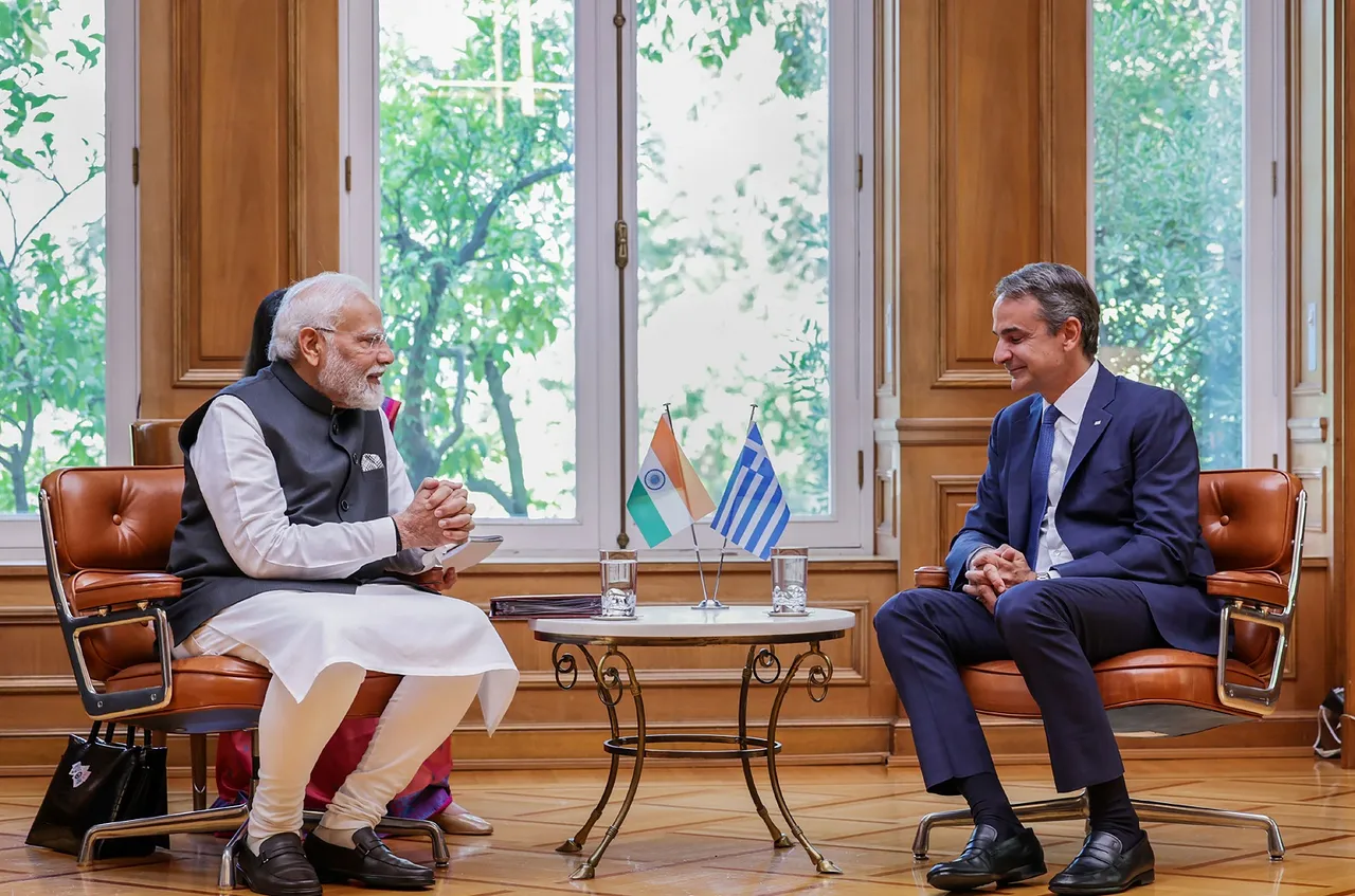 Prime Minister Narendra Modi interacts with the Prime Minister of Greece Kyriakos Mitsotakis, at Maximos Mansion, in Athens