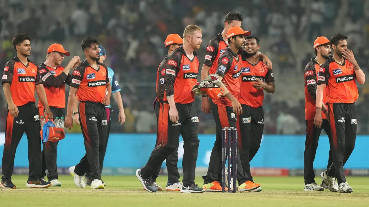 Sunrisers Hyderabad players celebrate after winning their IPL 2023 cricket match against Kolkata Knight Riders at Eden Gardens in on April 14
