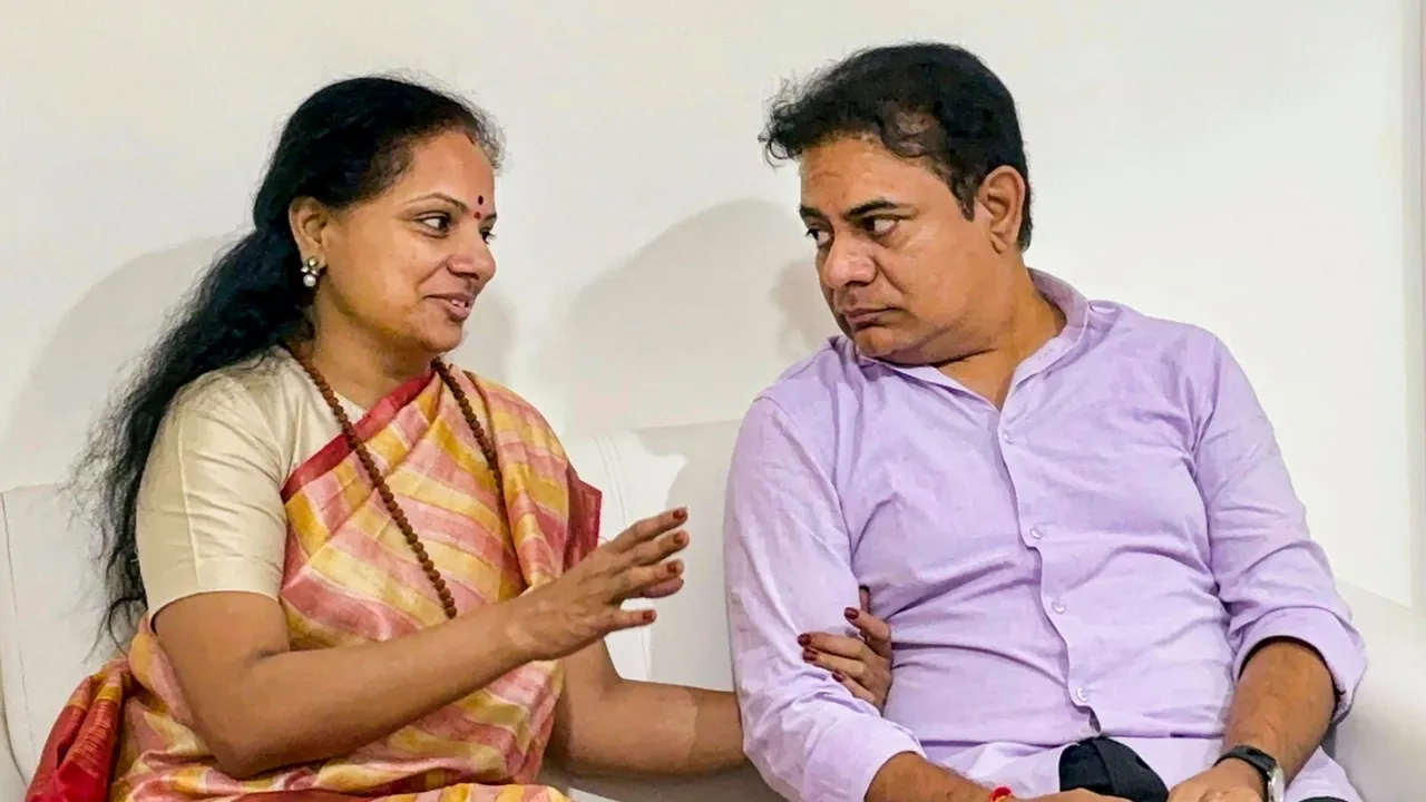 BRS leader K Kavitha with her brother and party leader K T Rama Rao, at the party office in New Delhi, Wednesday, Aug. 28, 2024.