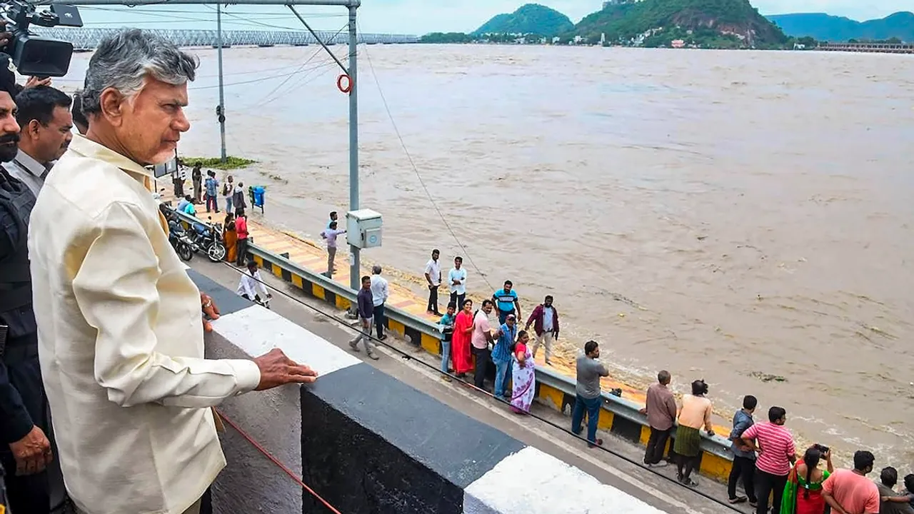 Andhra Pradesh Chief Minister N. Chandrababu Naidu visits a flood-affected area at Bhavanipuram, in Vijayawada, Monday, Sept. 2, 2024.