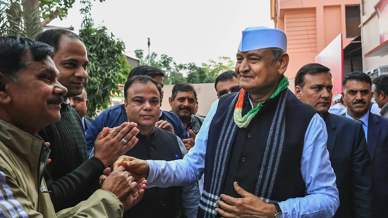 Former Rajasthan chief minister and Congress leader Ashok Gehlot arrives for the Congress Legislature Party (CLP) meeting at party office, in Jaipur