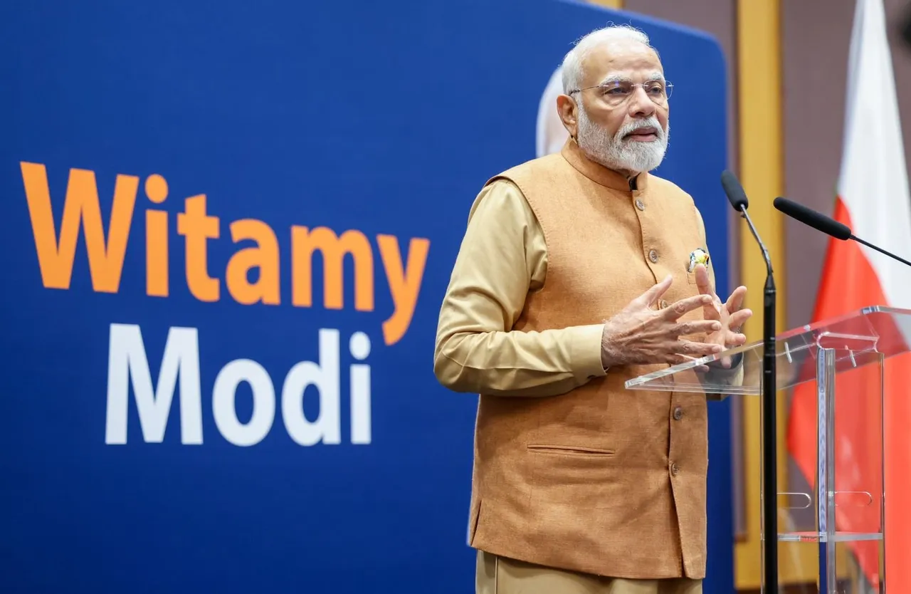 Prime Minister Narendra Modi addresses the Indian diaspora in the Polish capital of Warsaw