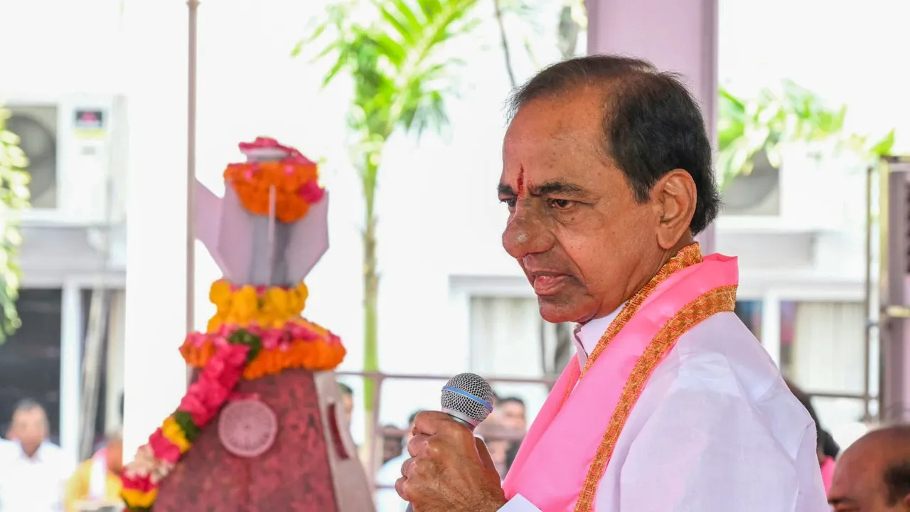 Former Telangana chief minister K. Chandrashekar Rao during celebrations of Telangana Formation Day, at Telangana Bhavan, in Hyderabad, Sunday, June 2, 2024