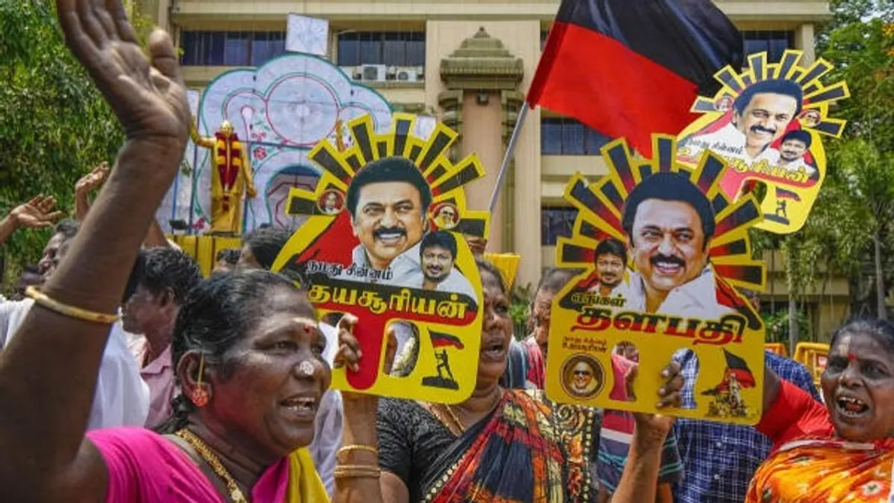 DMK supporters celebrate the party's lead during counting of votes for Lok Sabha elections, at party headquarters, Anna Arivalayam, in Chennai