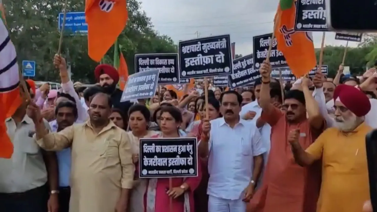 BJP's Delhi unit chief Virendra Sachdev leads protest outside Tihar Jail, in New Delhi
