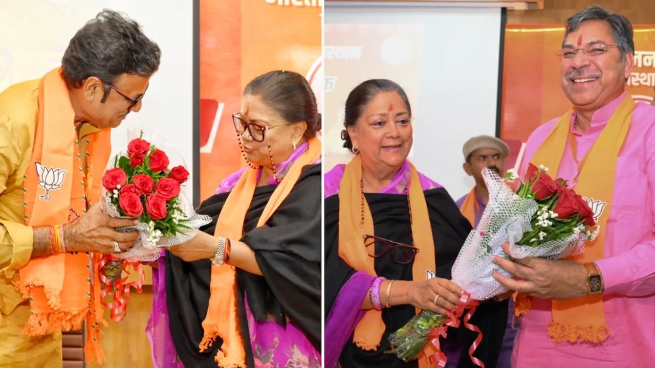 Rajendra Rathore (L) and Satish Poonia (R) with Vasundhara Raje Scindia