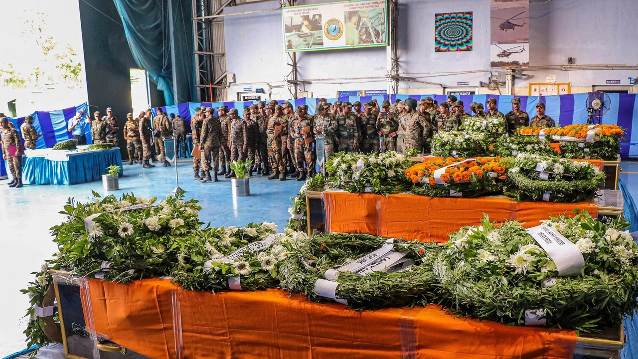 The mortal remains of four Army personnel who were killed in an encounter with terrorists in Jammu and Kashmir's Doda district, in Doda, Tuesday, July 16, 2024.