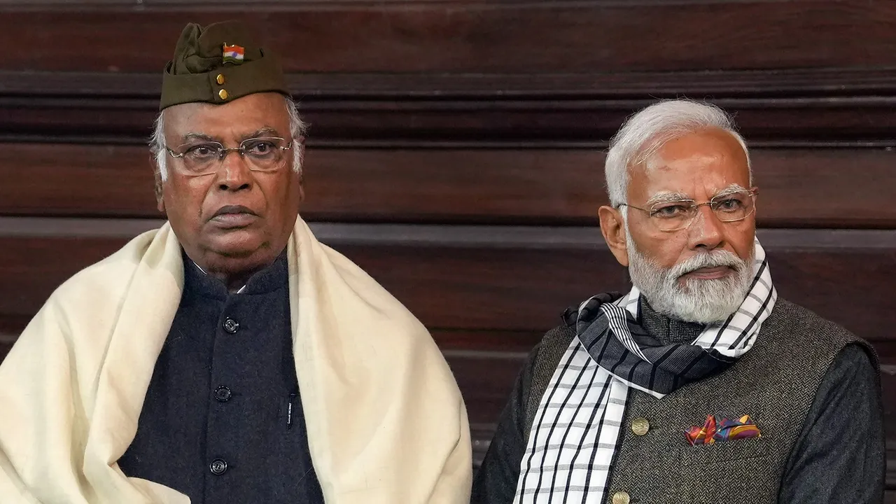 Prime Minister Narendra Modi and Congress President Mallikarjun Kharge after paying tribute to Netaji Subhas Chandra Bose on his birth anniversary, in New Delhi