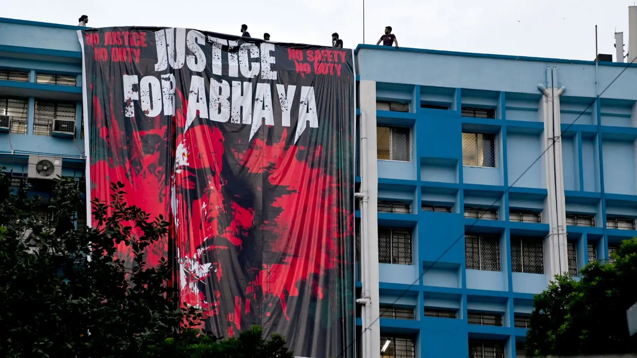 A banner hung by junior doctors at the RG Kar Medical College and Hospital, in Kolkata
