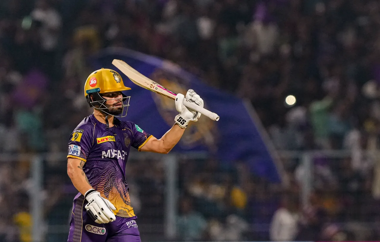 Kolkata Knight Riders batter Rinku Singh celebrates his half century during the IPL 2023 cricket match between Kolkata Knight Riders and Lucknow Super Giants, at Eden Gardens in Kolkata