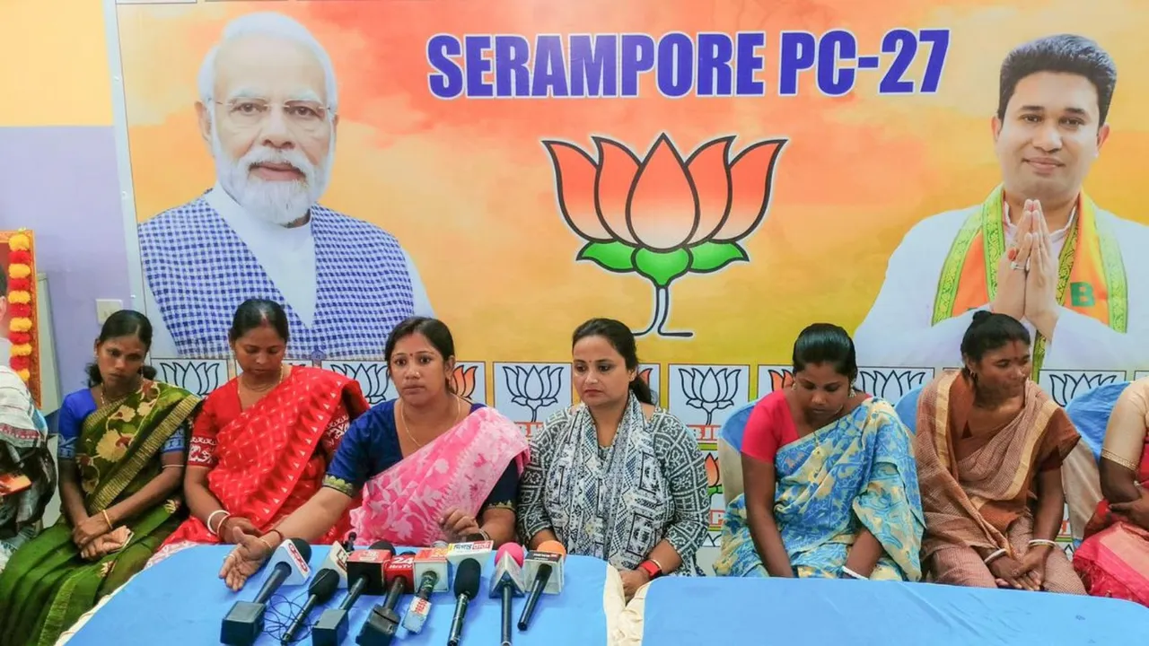 Women of Sandeshkhali address the press conference at BJP office in Hooghly on Monday