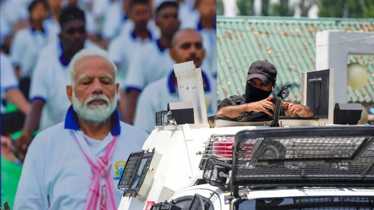 A security personnel guards near the SKICC on the eve of the International Day of Yoga, in Srinagar, Thursday, June 20, 2024.