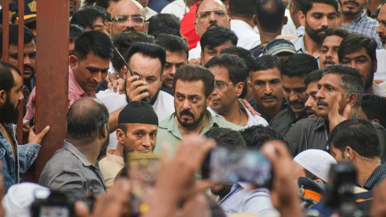 Actor Salman Khan leaves the residence of former Maharashtra minister Baba Siddique who was shot dead on Saturday night by three assailants, in Mumbai, Sunday, Oct. 13, 2024.
