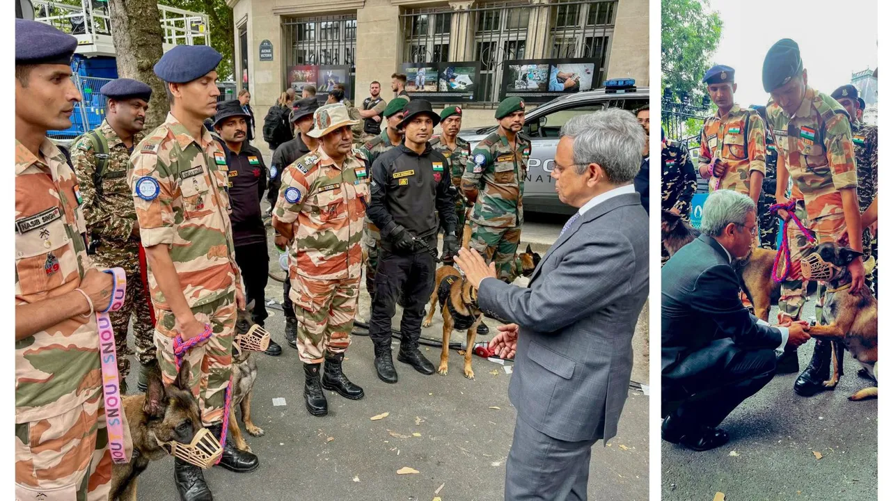 Ambassador to France, Jawed Ashraf meets the 10-member K-9 unit from India, which in Paris for a month to support the French Security for Paris Olympics 2024.