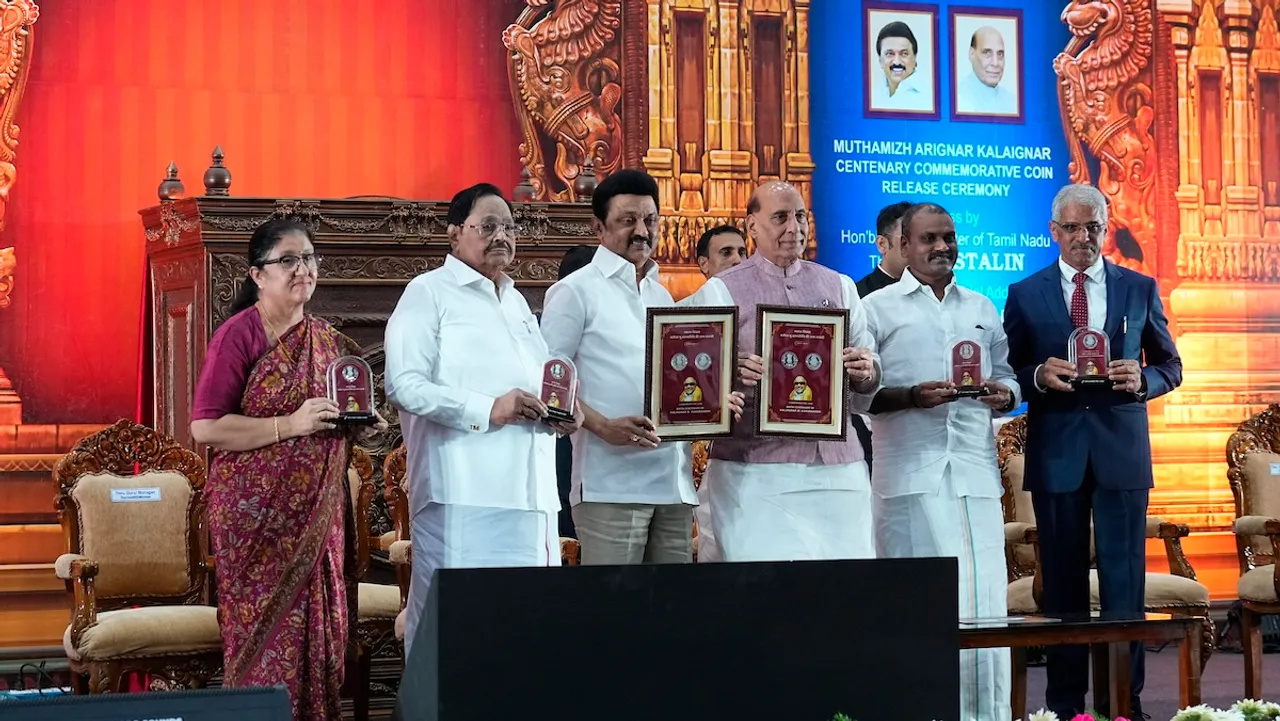 Union Defence Minister Rajnath Singh, Tamil Nadu Chief Minister MK Stalin, Union Minister of State L Murugan, Tamil Nadu Water Resources Minister Durai Murugan and others during the release of a commemorative coin on late DMK leader and former Tamil Nadu Chief Minister M Karunanidhi�s birth centenary year, in Chennai, Sunday, Aug. 18, 2024.