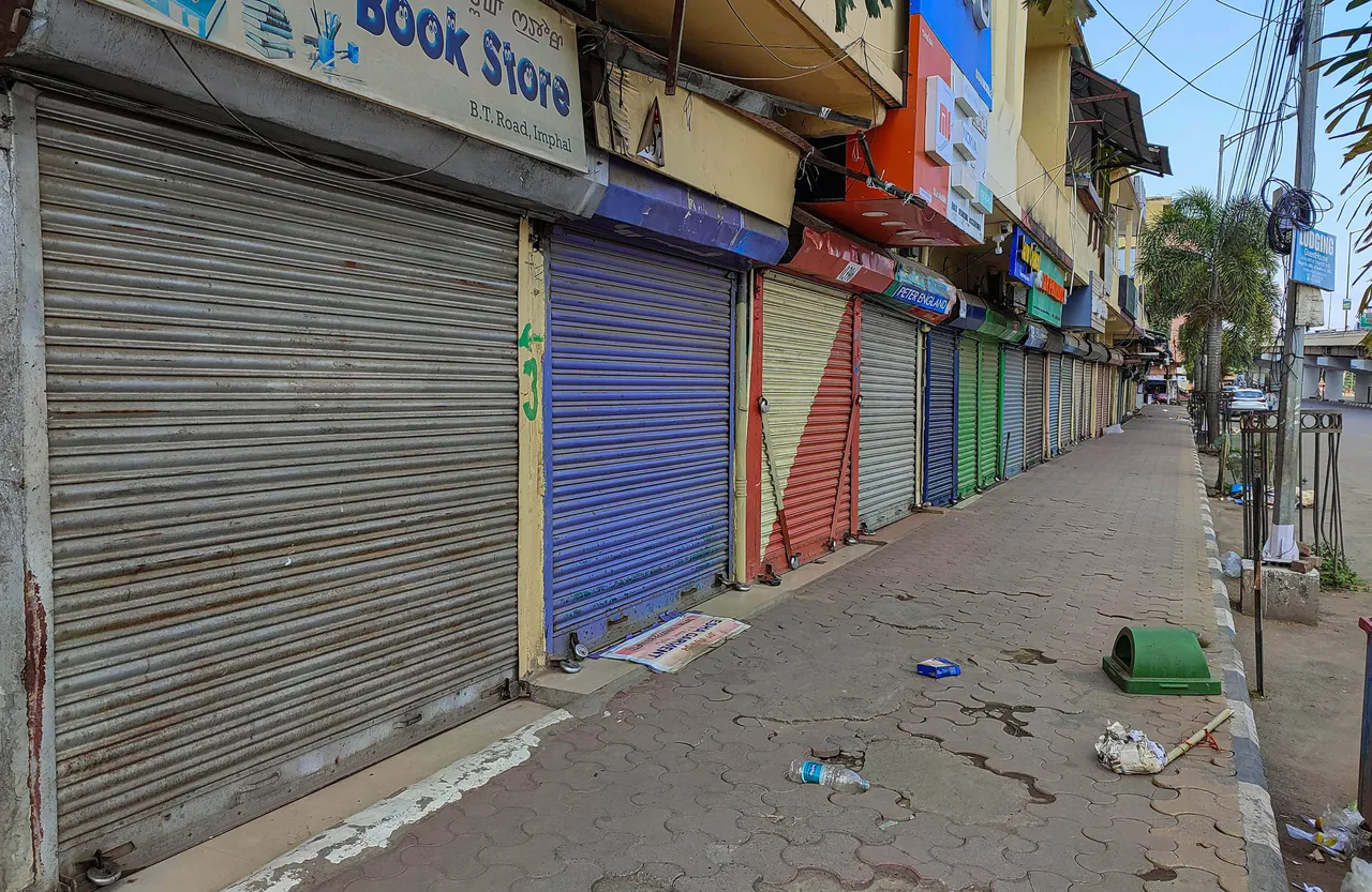 Closed shops at a market in Imphal