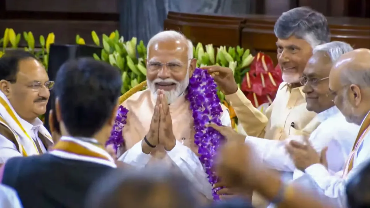 Senior BJP leader Narendra Modi being felicitated by party leaders JP Nadda and Amit Shah, TDP chief N Chandrababu Naidu, Bihar Chief Minister and JD(U) leader Nitish Kumar and others during the NDA parliamentary party meeting at Samvidhan Sadan, in New Delhi, Friday, June 7, 2024