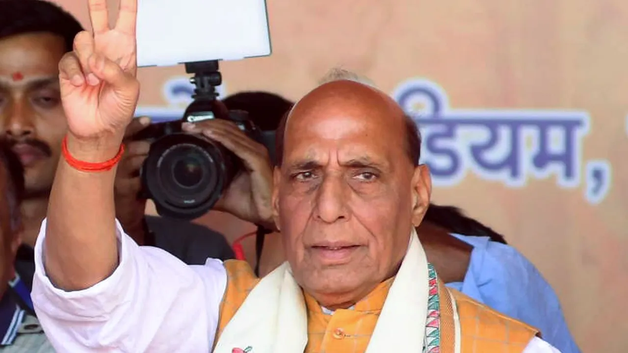 Union Defence Minister and BJP leader Rajnath Singh during a public meeting for Lok Sabha elections, in Saran, Bihar, Thursday, May 2, 2024