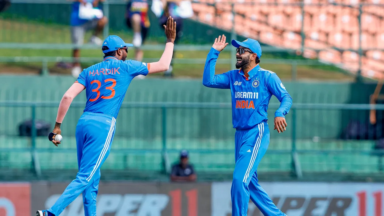 Indian players Virat Kohli and Hardik Pandya during the Asia Cup match between India and Nepal, at the Pallekele International Cricket Stadium in Sri Lanka