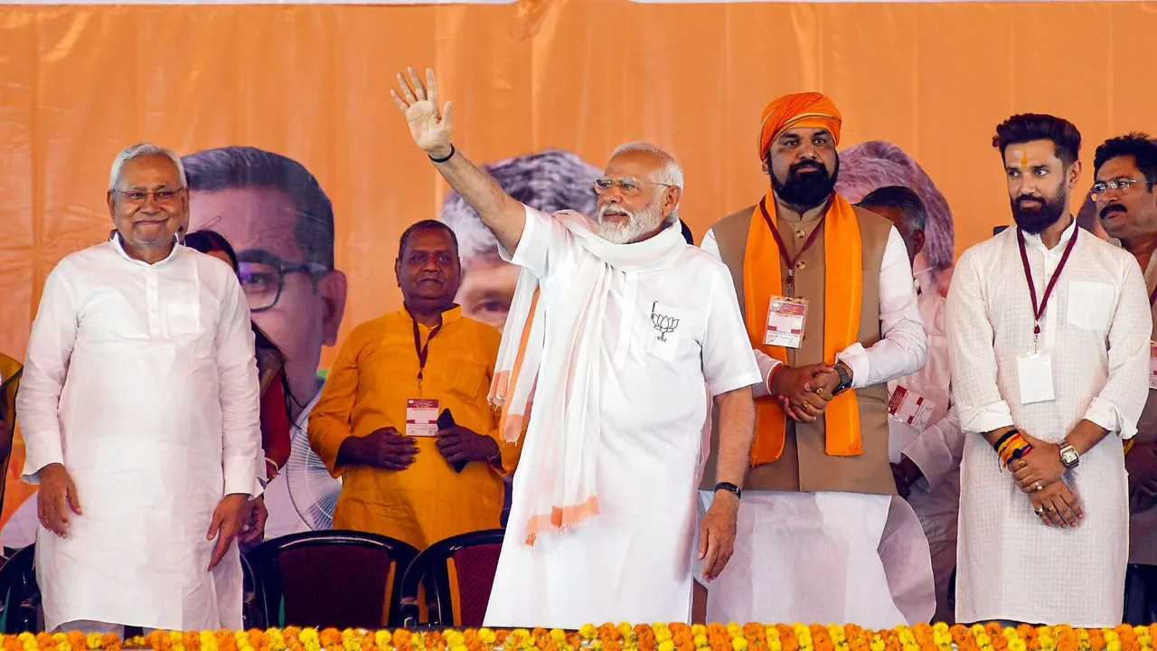 Prime Minister Narendra Modi with Bihar Chief Minister Nitish Kumar, Deputy Chief Minister Samrat Chaudhary and Lok Janshakti (Ram Vilas) chief Chirag Paswan during a public meeting ahead of Lok Sabha elections, in Jamui, Thursday, April 4, 2024
