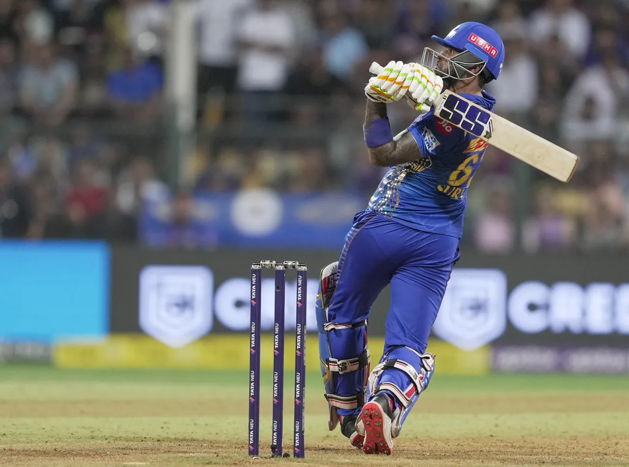 Mumbai Indians batter Suryakumar Yadav plays a shot during the IPL 2023 cricket match