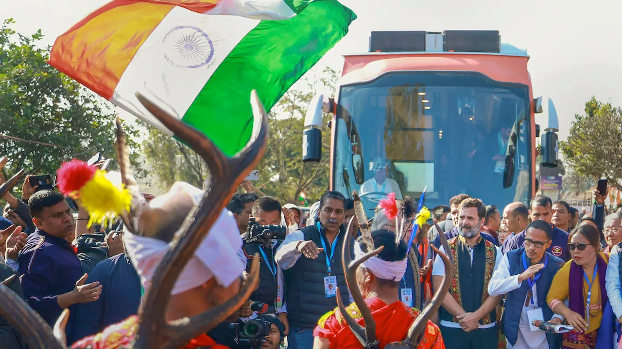 Rahul Gandhi during the 'Bharat Jodo Nyay Yatra', at Sekmai village in Imphal West district, Manipur, Monday, Jan. 15, 2024.