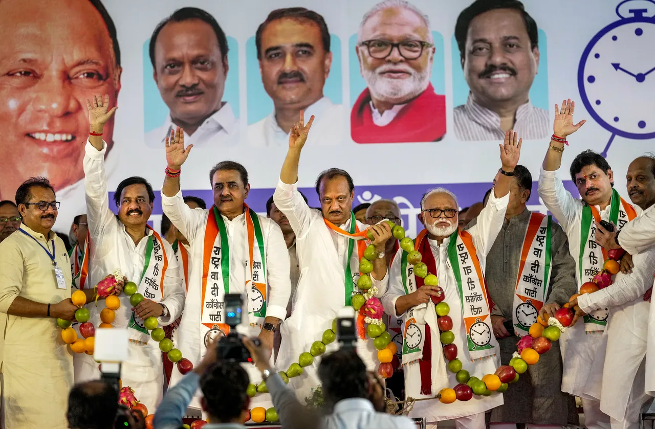 Maharashtra Deputy Chief Minister Ajit Pawar with NCP leaders Praful Patel, Chhagan Bhujbal and others during the meeting of Ajit Pawar-led NCP, in Mumbai