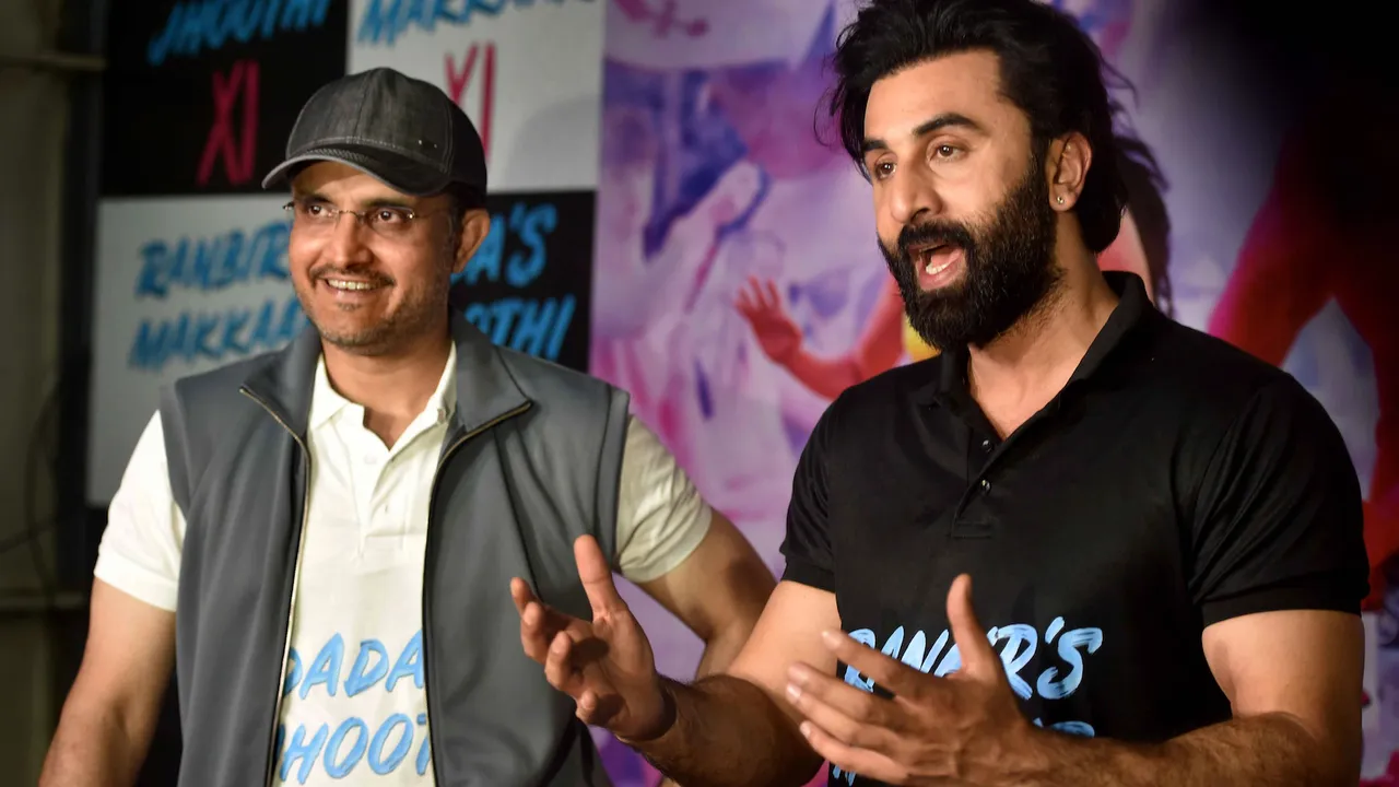 Bollywood actor Ranbir Kapoor and former cricketer Sourav Ganguly during a press meet at Eden Gardens in Kolkata on Sunday