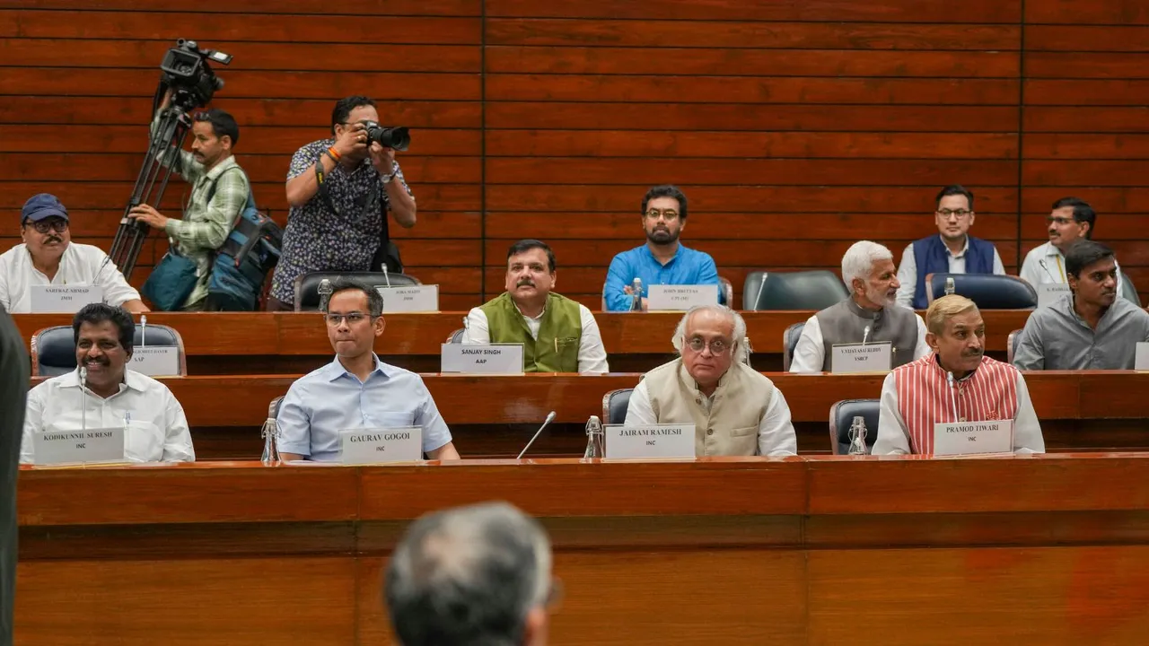 Congress MPs Kodikunnil Suresh, Gaurav Gogoi, Jairam Ramesh and Pramod Tiwari, AAP MP Sanjay Singh, YSRCP MP V. Vijayasai Reddy and other leaders attend the all-party meeting ahead of the Budget session of Parliament, in New Delhi, Sunday, July 21, 2024.