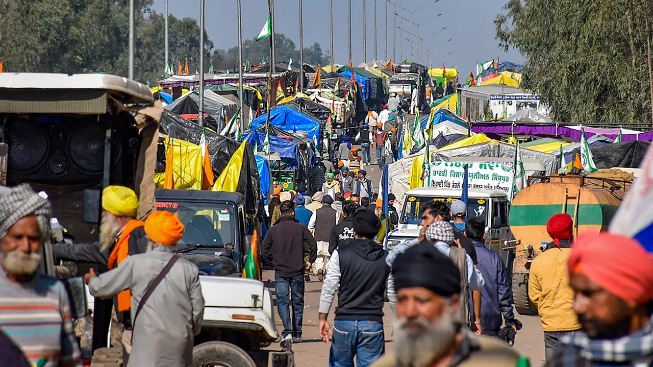 Tractors and trolleys of the protesting farmers parked on a highway at the Punjab-Haryana Shambhu Border