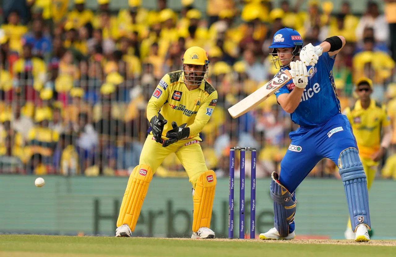 Mumbai Indians batter Tristan Stubbs plays a shot during the IPL 2023 cricket match