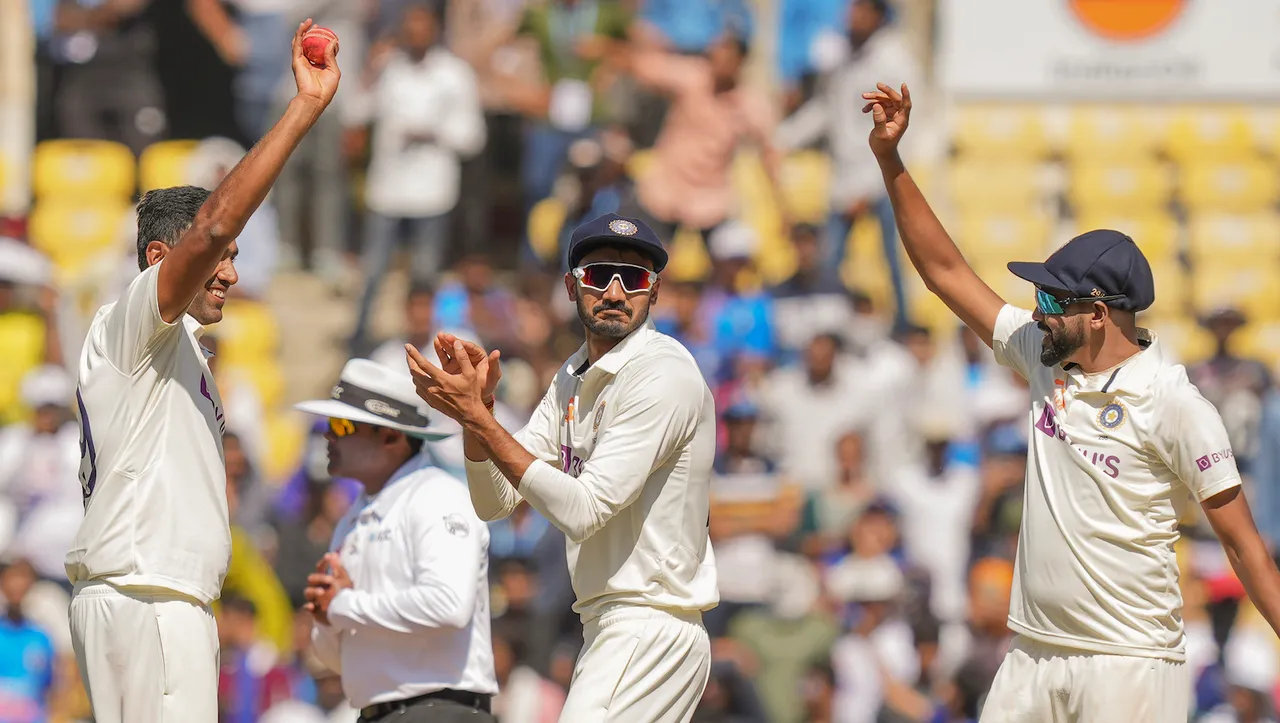 Indian bowler Ravichandran Ashwin celebrates after taking his fifth wicket during the 3rd day of the 1st test cricket match between India and Australia at Vidarbha Cricket Association Stadium in Nagpur on Saturday