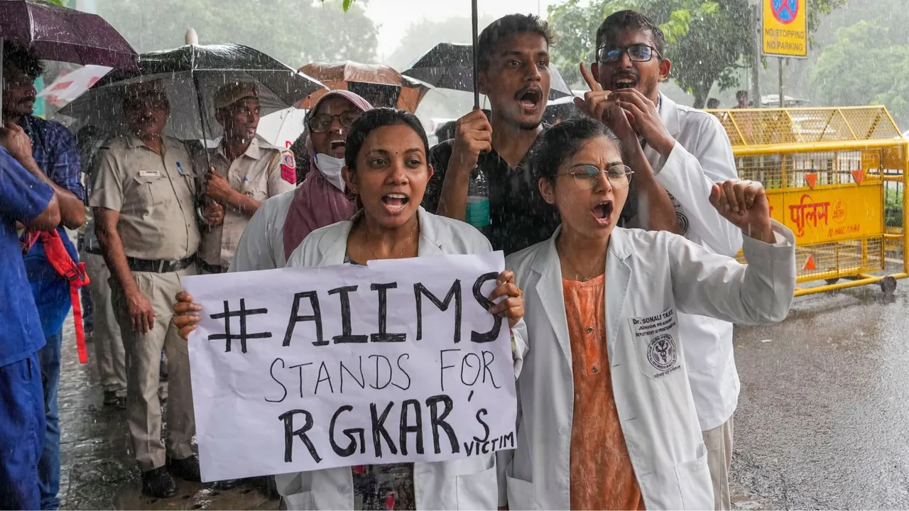 Doctors protest against the sexual assault and killing of a postgraduate trainee doctor in Kolkata, in New Delhi, Monday, Aug. 12, 2024.