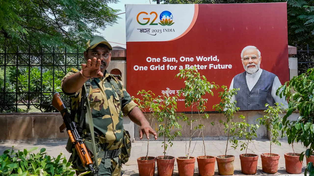 A security personnel guards near the ITO ahead of the G-20 Summit, to be held from September 9-10, in New Delhi, Thursday, Sep. 7, 2023. The summit will be hosted at the state-of-the-art Bharat Mandapam Convention Centre at Pragati Maidan.