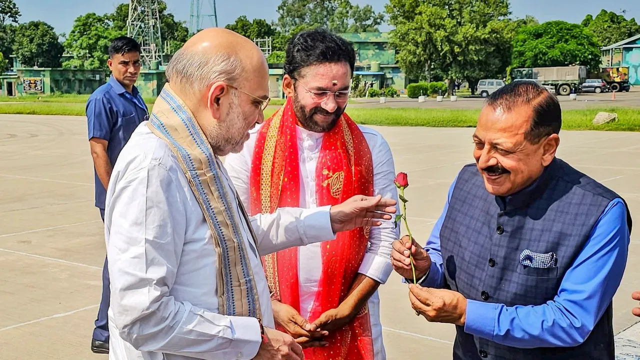 Home Minister Amit Shah being greeted by MoS Jitendra Singh during his visit ahead of the Jammu and Kashmir Assembly elections, in Jammu.