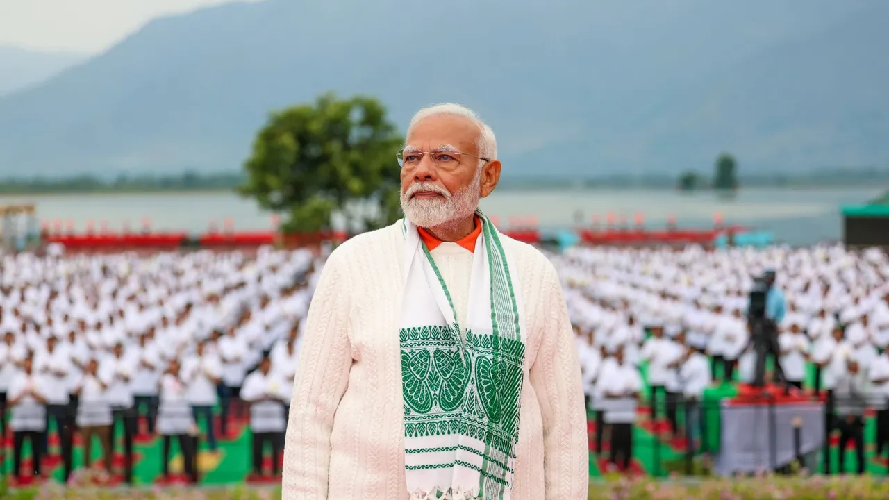 Prime Minister Narendra Modi addresses the gathering during celebration on the 10th International Day of Yoga, in Srinagar, Friday, June 21, 2024.