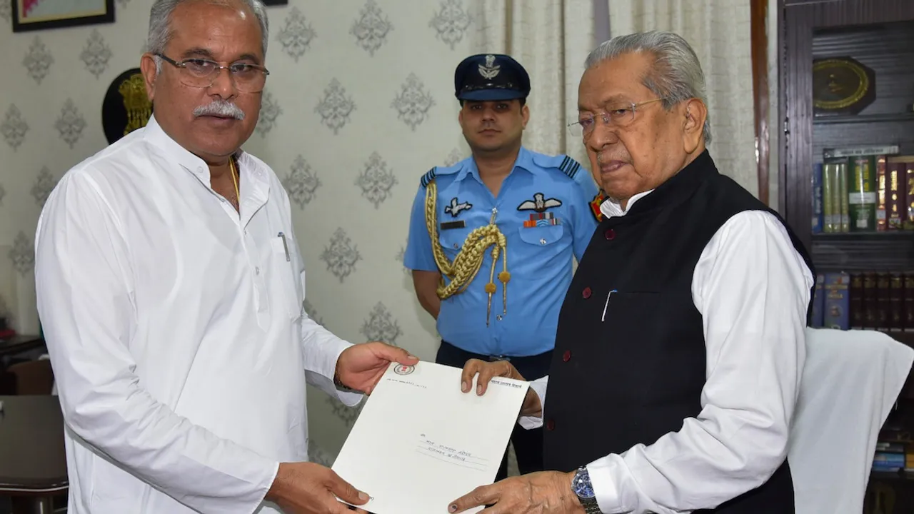 Chhattisgarh Governor Biswabhusan Harichandan receives Congress leader Bhupesh Baghel's resignation as the state chief minister, at Raj Bhavan, in Raipur on Sunday, Dec. 3, 2023