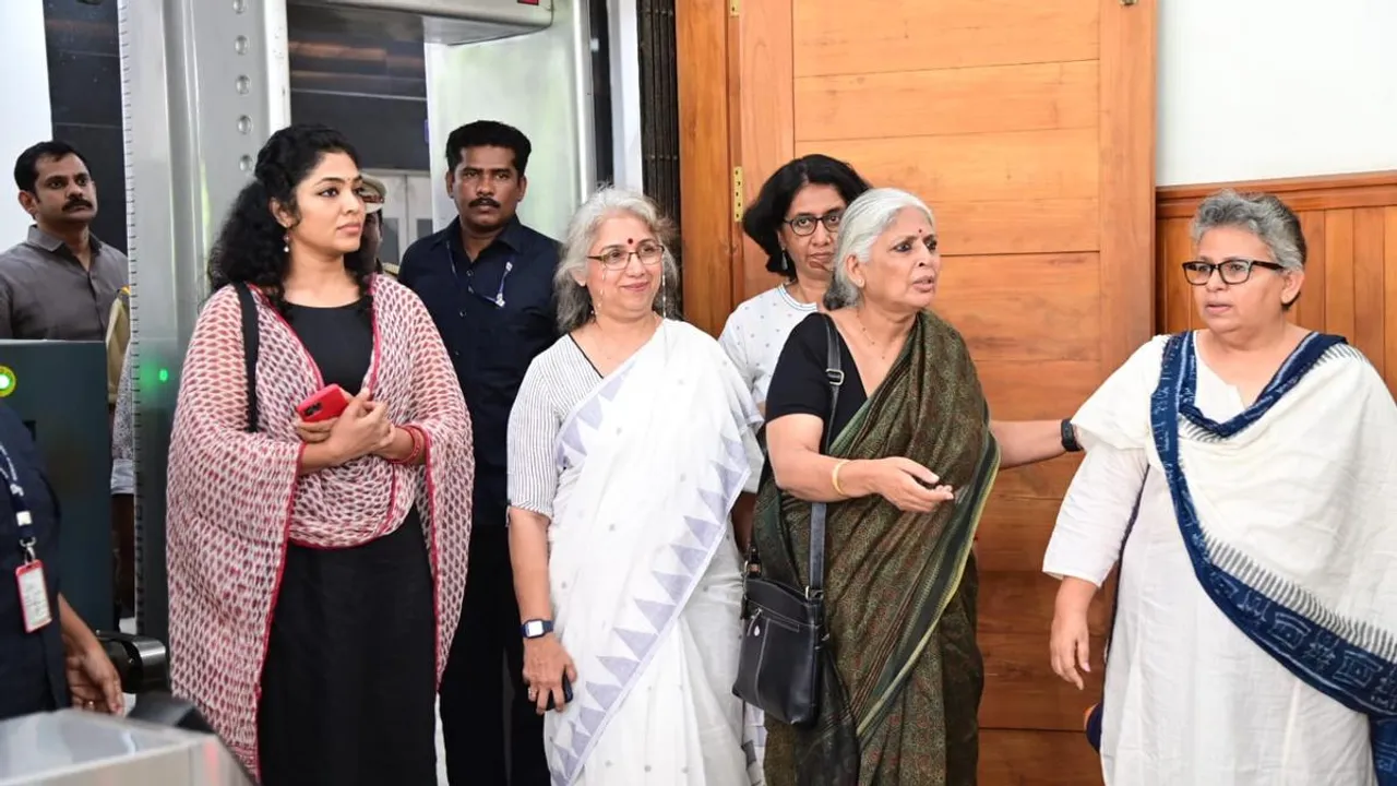 WCC members Rima Kallingal, Revathy, Bina Paul and Deedi Damodaran after meeting Kerala Chief Minister Pinarayi Vijayan at the Secretariat in Thiruvananthapuram on September 11, 2024