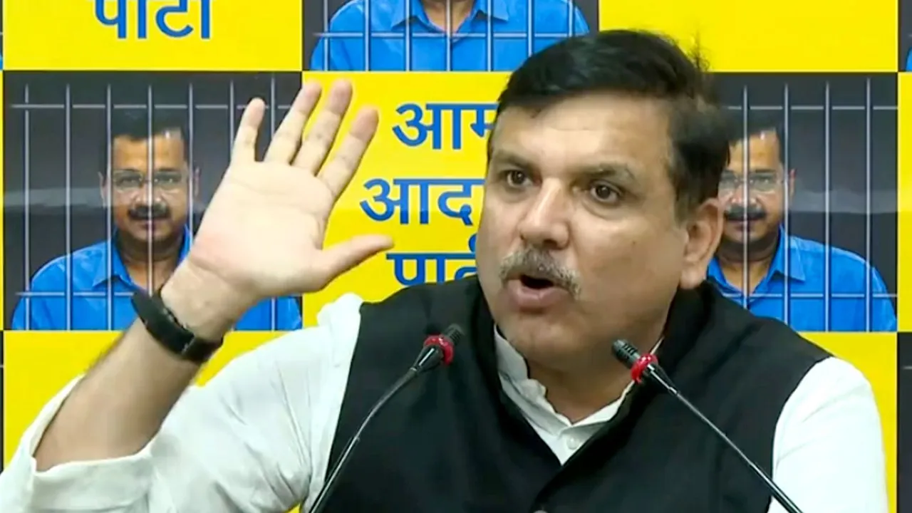 AAP leader Sanjay Singh addresses a press conference regarding the shortage of water in the national capital, in New Delhi, Monday, June 17, 2024.