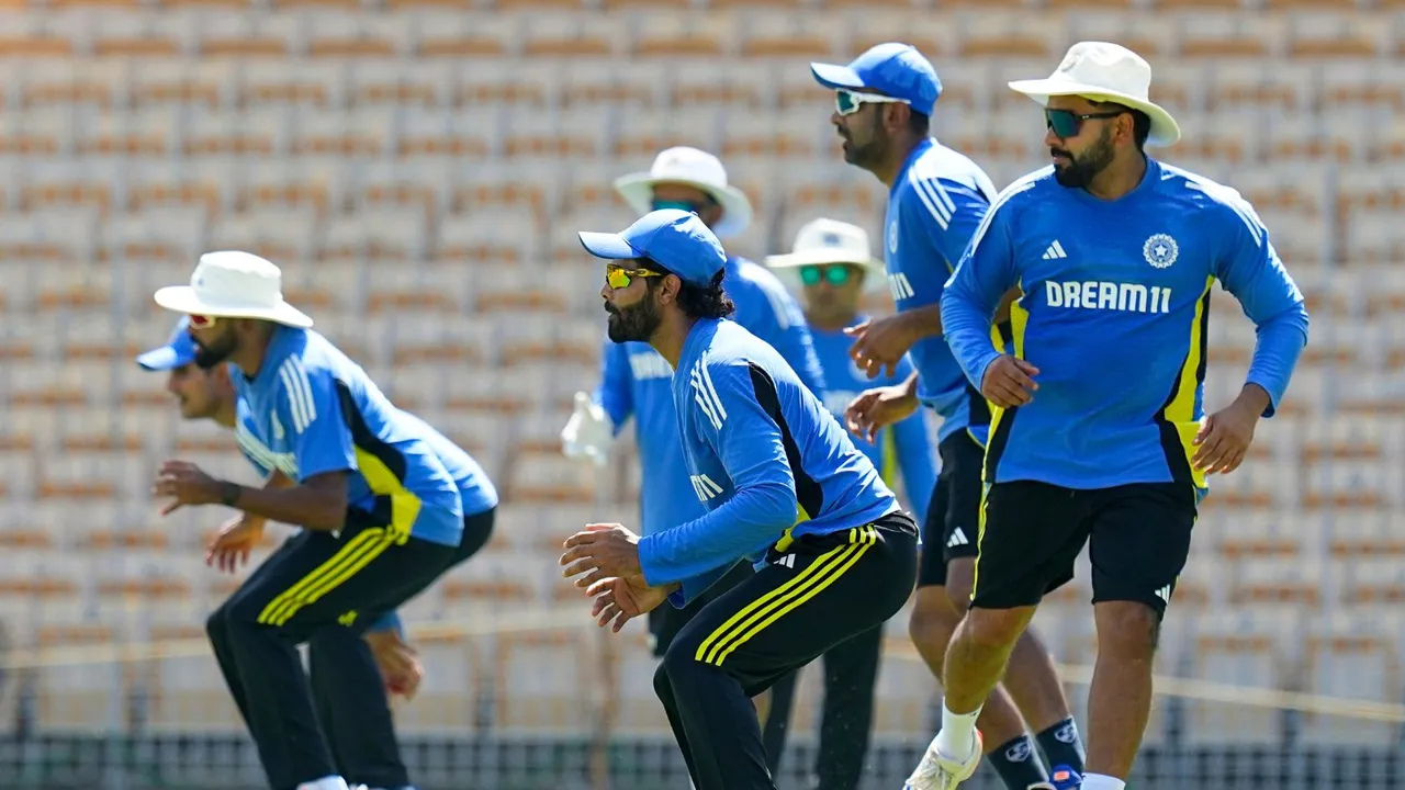 Indian cricket team captain Rohit Sharma with teammate Ravindra Jadeja during a training session ahead of the first Test match against Bangladesh, at MA Chidambaram Stadium, in Chennai, Monday, Sept. 16, 2024.