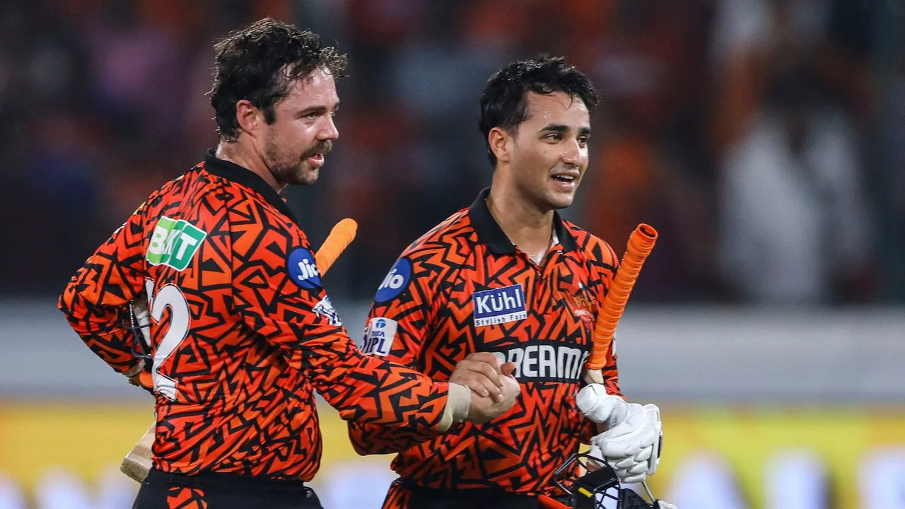 Sunrisers Hyderabad's Travis Head and Abhishek Sharma celebrate after winning the Indian Premier League (IPL) 2024 T20 cricket match between Sunrisers Hyderabad and Lucknow Super Giants