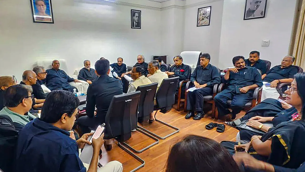 Congress President and Leader of the Opposition in Rajya Sabha Mallikarjun Kharge in a meeting with other leaders of the INDIA alliance parties at his chamber in Parliament House during Monsoon session, in New Delhi, Thursday, July 2