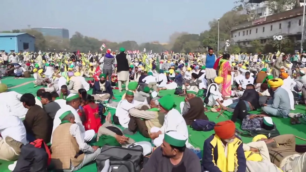 Members of various farmer unions gather at Ramlila Maidan for Kisan Mahapanchayat, in New Delhi, Thursday, March 14, 2024 